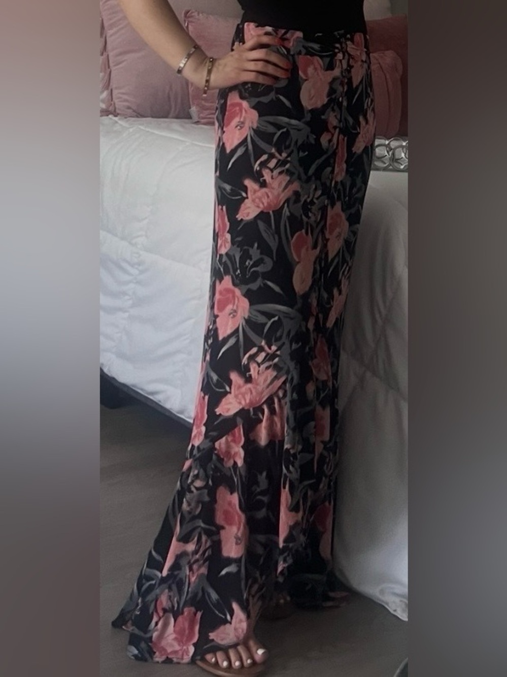 free press Black Floral High-Low Skirt with Pink Flowers